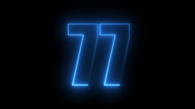 Glowing neon number 77 animation, electric blue light effect on black background