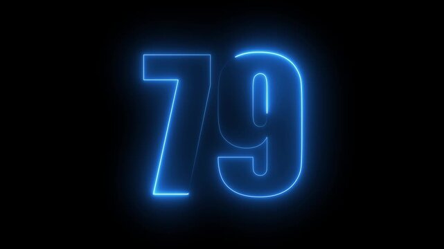Neon blue glowing number 79 countdown animation, digital technology interface futuristic cyberpunk light effect for motion