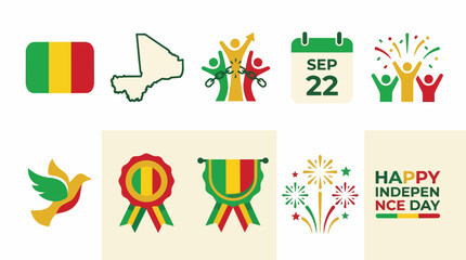 Naklejka premium Mali independence day celebration icons with flag and map
