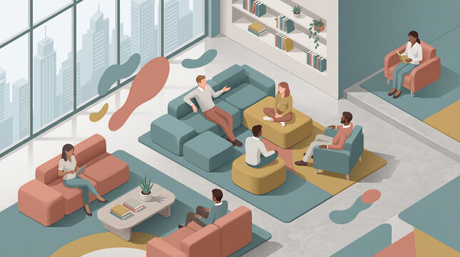 Diverse Corporate Employees Relaxing in Modern Office Lounge Area