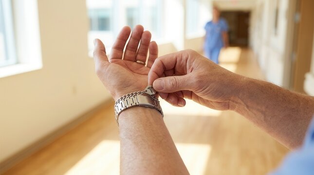 Close-up of a person's hands adjusting a medical alert bracelet in a hospital hallway with a blurred nurse in the background.