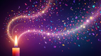 Naklejka premium Burning candle flame creates magical light trail with colorful confetti, glowing stars. Vibrant sparkles dance on purple background. Festive celebration atmosphere for birthday, womens day special