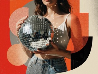 Naklejka premium Woman holds disco ball with reflective squares. Abstract geometric shapes and textures behind her. Retro party vibe with vintage elements and modern graphic art style.