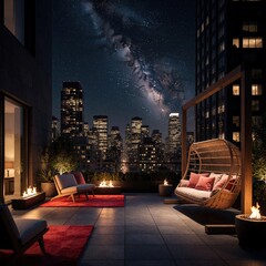 Obraz premium Rooftop terrace with hanging chair and city skyline at night under starry sky. Modern urban living space features fire pits and comfortable seating for relaxation.