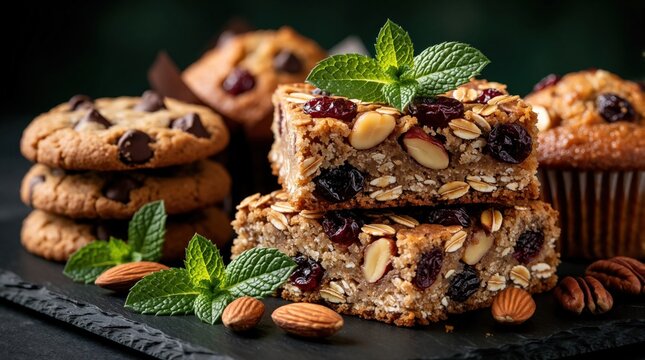 Assorted sweet dessert items on dark stone plate. Chocolate chip cookies, oatmeal nut bars, berry muffins with fresh mint leaves. Delicious homemade pastry snacks for breakfast tea time. Tasty bakery