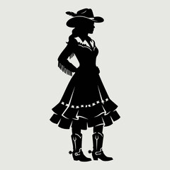 Fototapeta premium A stylish black silhouette of a female cowgirl standing elegantly, wearing a western hat with a feather, a fringe jacket, and a ruffled skirt with cowboy boots.