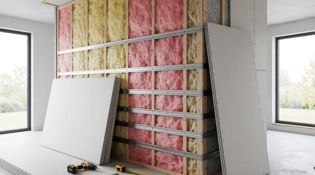 Unfinished interior wall framing with sound insulation shows progress. Drywall panels lean nearby, ready for installation. Construction project advances in bright room with large windows.