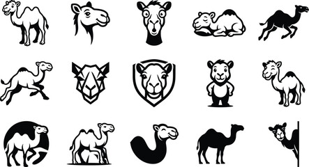 Fototapeta premium A comprehensive collection of various camel icons and graphic illustrations featuring different poses and artistic styles isolated on a plain transparent background