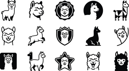 Fototapeta premium A collection of various cute llama and alpaca character icons represented as black line art isolated on transparent background