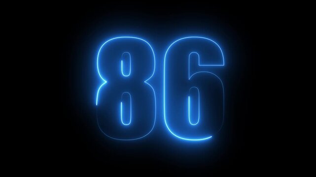Glowing neon number 86 animation with electric blue light effect on black background, eighty-six