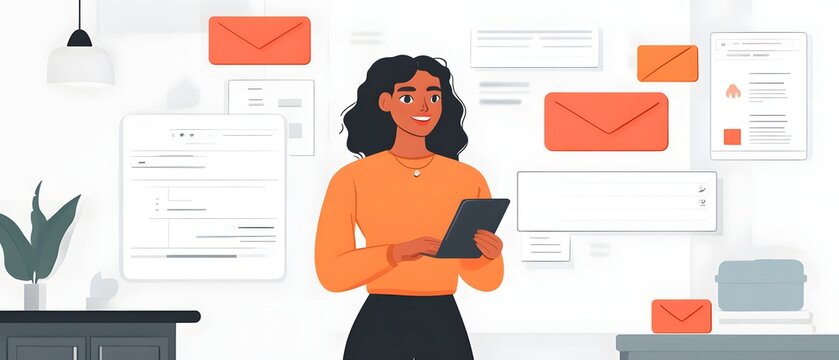 Woman using tablet with floating email icons and documents