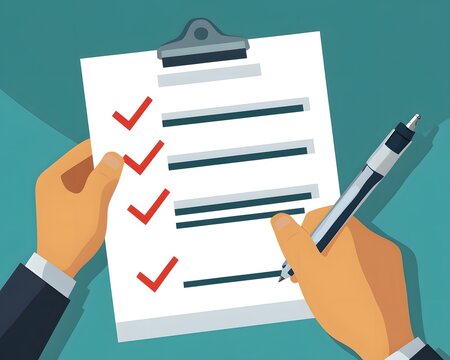 Hands holding clipboard checklist with pen and red checkmarks