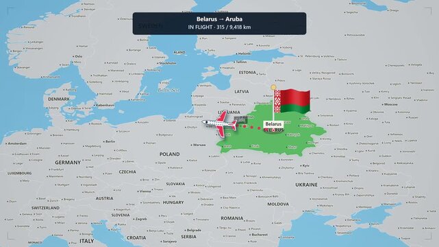 Animated flight route map from belarus to aruba with red airplane flying across europe and ocean travel map