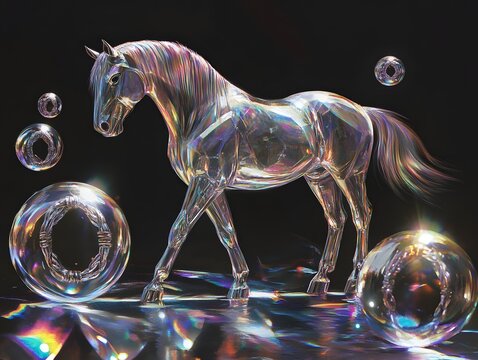 Iridescent glass horse with floating bubbles on black background