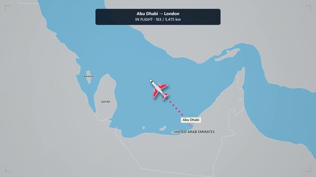 Animated flight route map from abu dhabi to london with airplane icon tracking travel progress across europe and middle east