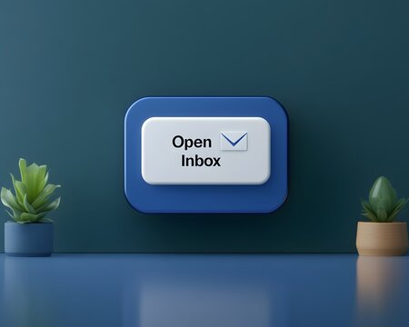 3D open inbox button on teal wall with potted plants