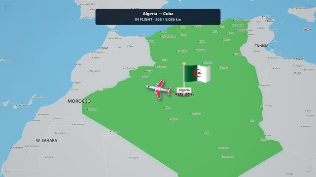 Animated flight route map from algeria to cuba on digital atlas with airplane tracking travel