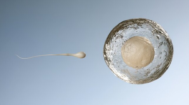 Ultra Detailed Biomedical Illustration of Sperm Cell Approaching Ovum in Scientific Context