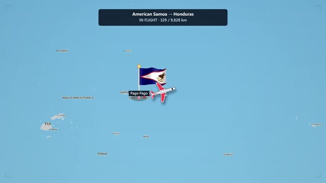 Animated flight route map from american samoa to honduras with airplane tracking and distance counter across the pacific ocean