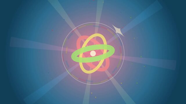 Glowing stylized atom symbol at the center of a blue radiating background loop for overlay use