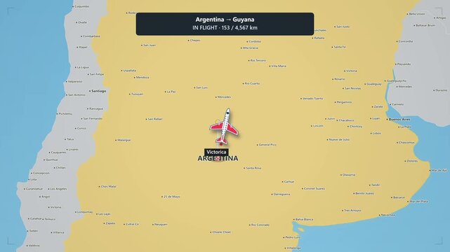 Animated flight route map from argentina to guyana with airplane tracking and distance counter map animation