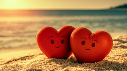 Fototapeta premium Two Bright Red Heart Shapes Together on a Soft Sandy Beach with a Sunset Background