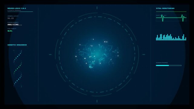 Seamless looping 10-second 8K cinematic VFX background. A hyper-realistic 3D wireframe human brain rotating in the center, formed by a glowing Medical Cyan plexus structure. The screen is fully filled