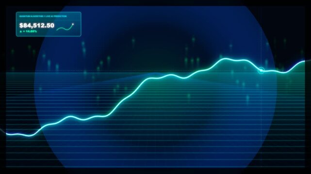 Ultra HD 8K seamless looping 10-second cinematic VFX background. Features a vibrant neon green uptrend line chart (Bull Market) flowing infinitely over a 3D perspective cyber grid. Includes scrolling