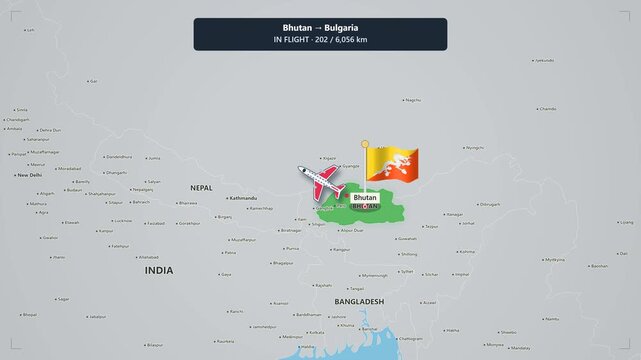Animated flight route map from bhutan to bulgaria with airplane icon, distance tracker, and country flags for travel, tourism, and logistics projects