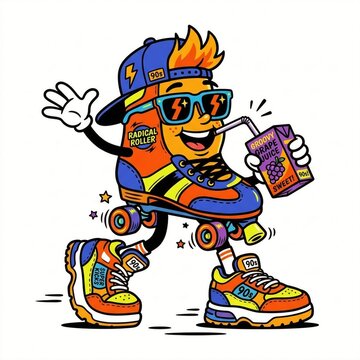 Nostalgic 90s street style cartoon character of a cool roller skate wearing a snapback cap, sunglasses, and sneakers while drinking from a juice box, set against a white background.