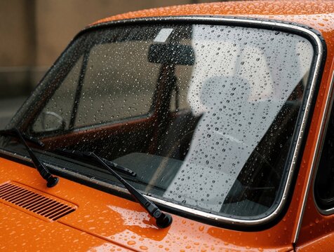Orange retro car windshield covered in raindrops. Tiny water droplets on glass reflect muted scene. Wipers rest on bonnet, hinting at wet weather travel.