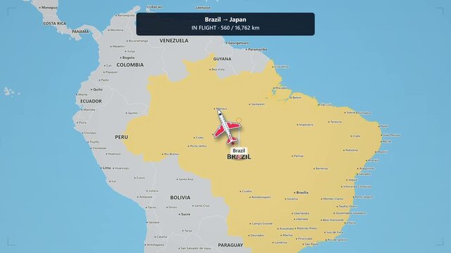 Animated flight route map from brazil to japan tracking airplane journey across globe with distance counter