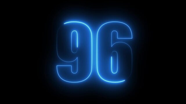 Glowing neon number 96 animation with electric blue light effect on black background, ninety-six