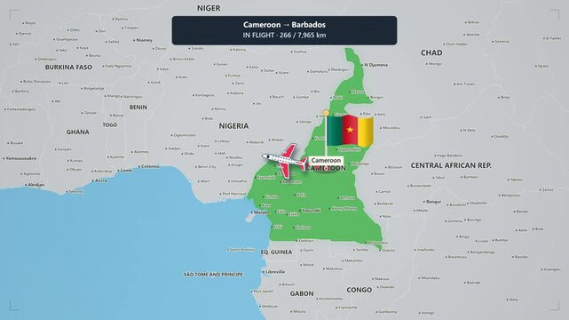 Animated flight route map from cameroon to barbados showing airplane trajectory and distance tracker