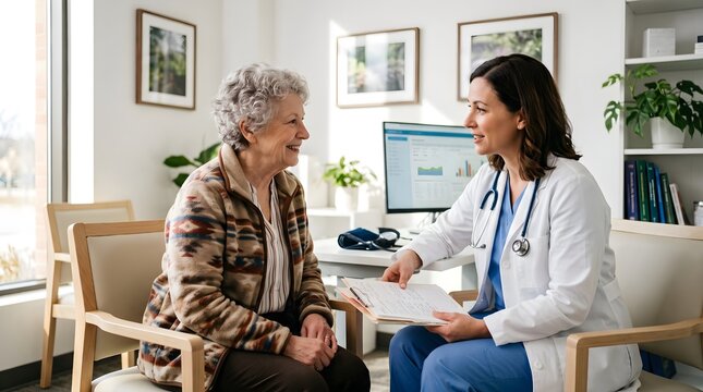 Senior woman consulting a female doctor in a bright clinic, representing healthcare, medical care, wellness, aging, patient support, professional consultation, and treatment.
