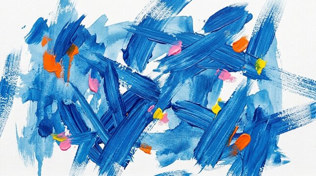 Abstract Blue Acrylic Paint Brush Strokes on White Canvas Background