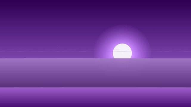 Purple gradient sky with glowing sun above misty horizontal layers for a looping overlay background