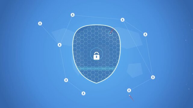 Digital Cyber Security Shield Animation with Network Connections on Blue Background