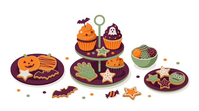 Halloween sweets and bakery treats with decorated cupcakes cookies and candy on dessert stand. EPS Editable. Vector Illustrations.