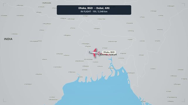 Animated flight route map tracking airplane journey from dhaka to dubai with distance counter and flight path