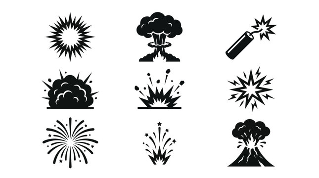 Explosion icons set with various effects.