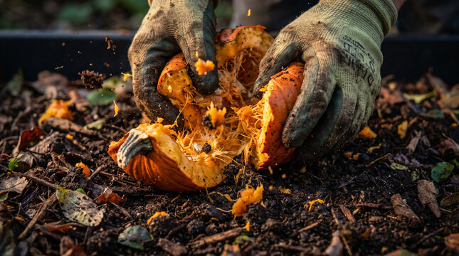 gardener smashing a rotting pumpkin into soil