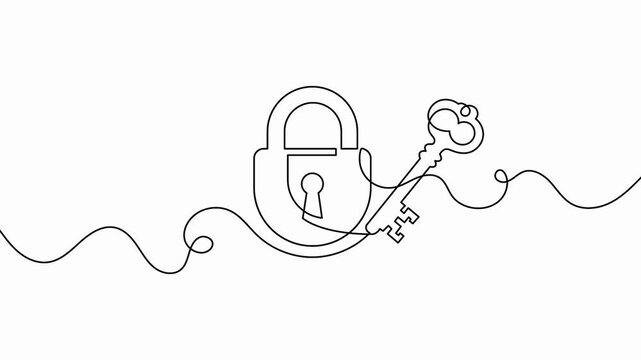 Key unlocking padlock continuous line art animated vector video for business security