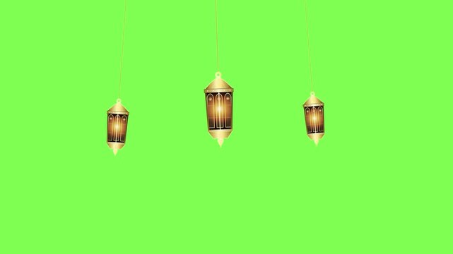 Gold Ramadan lanterns hanging and swinging on green screen background