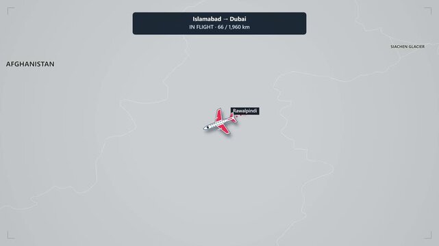 Animated flight route map from islamabad to dubai with airplane tracking across pakistan and uae, satellite navigation and travel concept