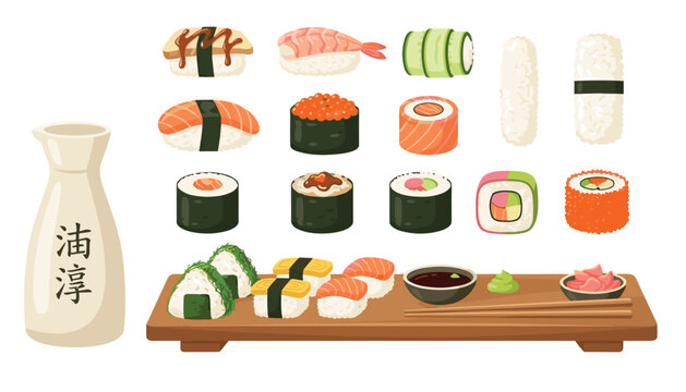 Japanese sushi vector element set featuring assorted nigiri maki rolls soy sauce sake bottle and chopsticks