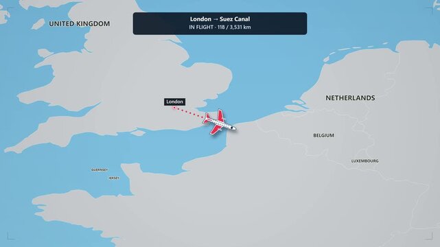 Animated flight route map tracking airplane journey from london to suez canal over europe and mediterranean sea