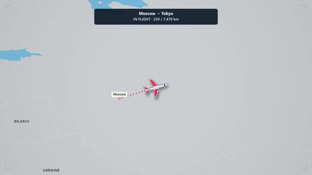 Animated flight route map from moscow to tokyo with airplane icon tracking distance across eurasia map animation