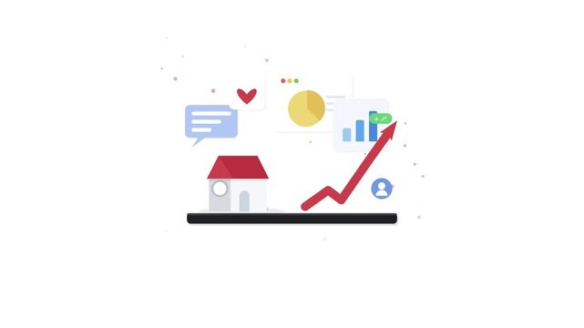 Real estate market growth concept with rising arrow and house icon animation