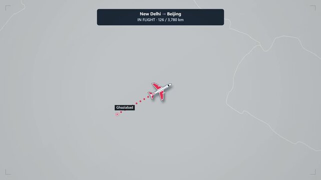 Animated flight route map from new delhi to beijing tracking airplane travel journey with distance counter
